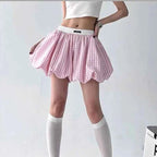 Sweet Pink Plaid Flower Bud Shorts Skirt Summer High Waist