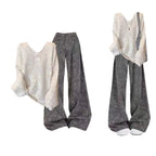 White Lace Trim Knit Top and Gray Pants Set, white lace trim knit top with gray wide leg pants flat lay and styled shot