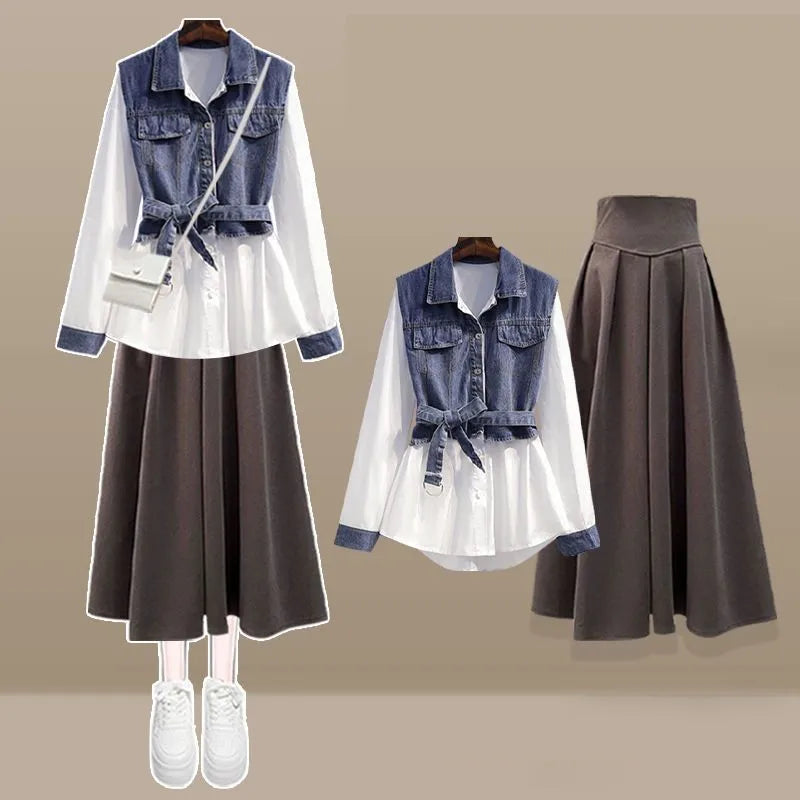 Spring Autumn Elegant Denim Splicing Fake Two Piece Long - Vusy Kawaii Shop