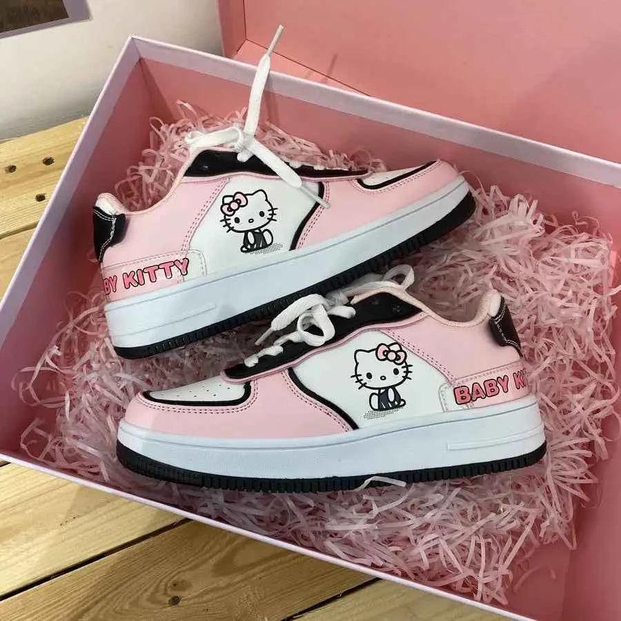 Sanrios Hello Kitty Sneakers Kawaii Women's Shoes Fashion Breathable Sneaker Leather Cartoon Cute Girls Skateboard Spring/autumn