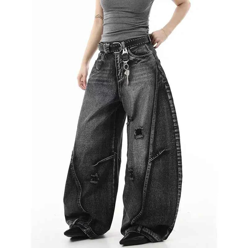Y2K Black Graffiti Worn Out Womens Jeans High Waist Vintage Straight Baggy Denim Pants Street American Wide Leg Denim Trouser
