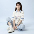 Japanese Academy Style Polo Shirt Cartoon Print Loose Short - Vusy Kawaii Shop