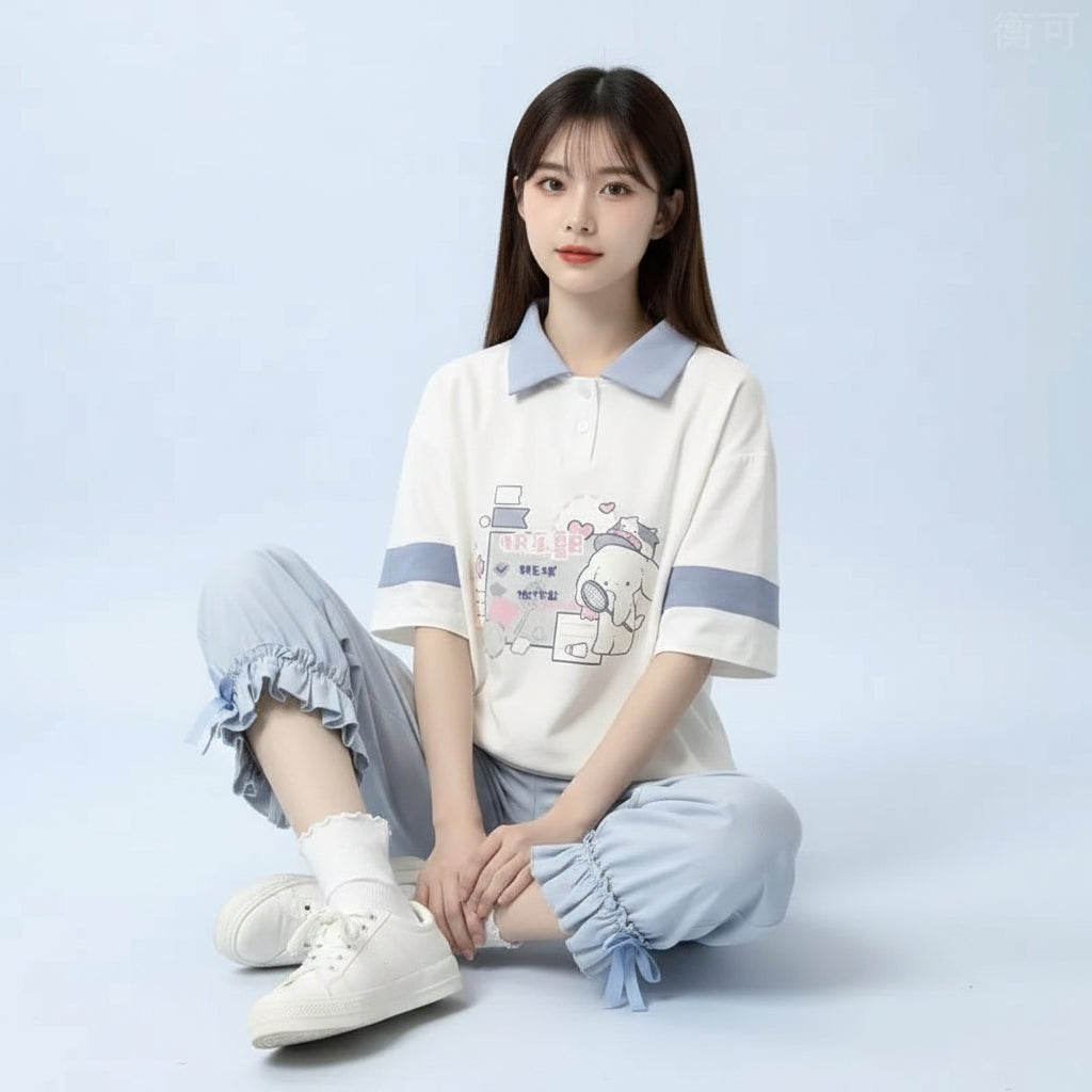 Japanese Academy Style Polo Shirt Cartoon Print Loose Short - Vusy Kawaii Shop