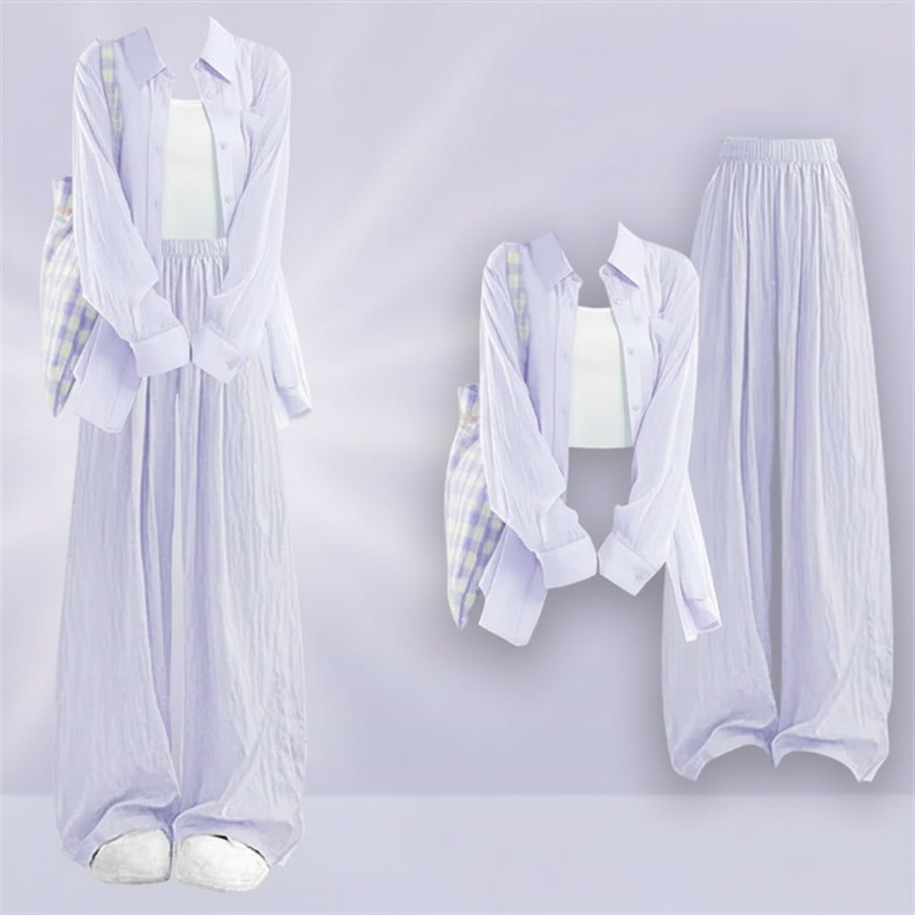 Summer Sunscreen Shirt White Vest Wide Leg Pants Three Piece - Vusy Kawaii Shop