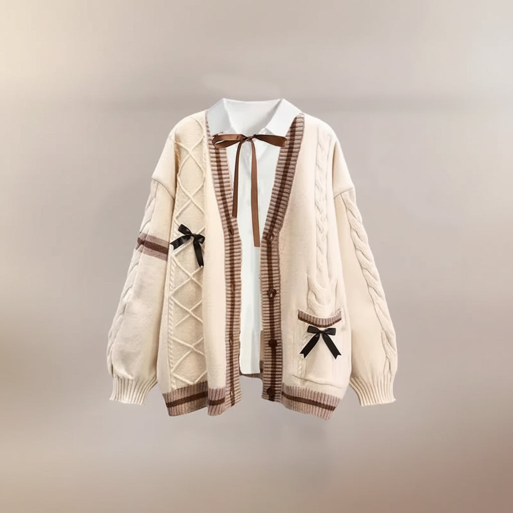 Autumn-Winter College Outfit Bow Cardigan, Shirt Plaid Set - Vusy Kawaii Shop