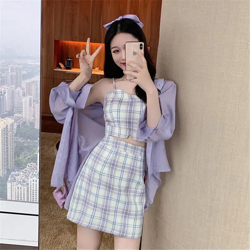 Plaid 2 Skirt Piece Set Korean Style Wide Leg Autumn - Vusy Kawaii Shop