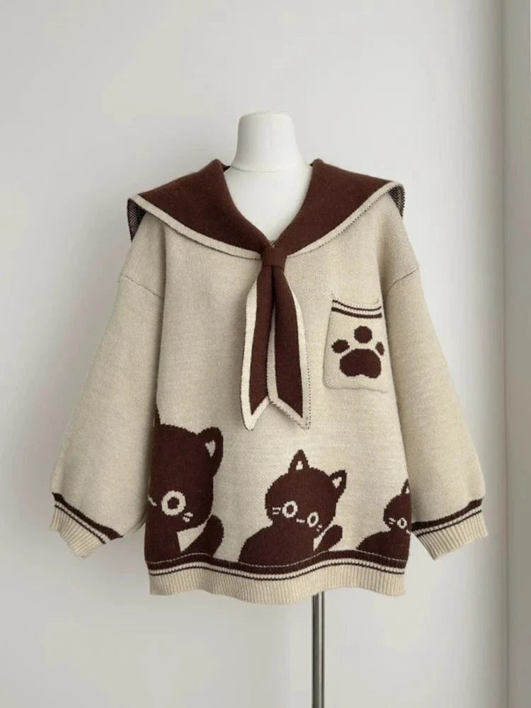 Preppy Style Grunge Kawaii Cute Cat Jacquard Sweaters Women - Vusy Kawaii Shop