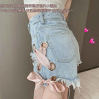 Japanese Summer High Waisted Denim Shorts Cute Ribbon Bow