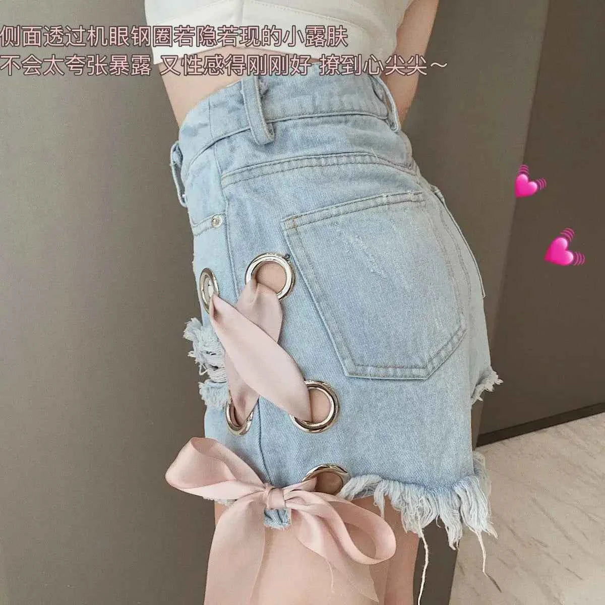 Japanese Summer High Waisted Denim Shorts Cute Ribbon Bow