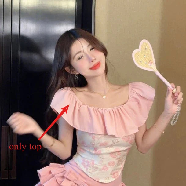 Sweet Off Shoulder Ruffles Collar Pink Top and Yk Slim Waist - Vusy Kawaii Shop