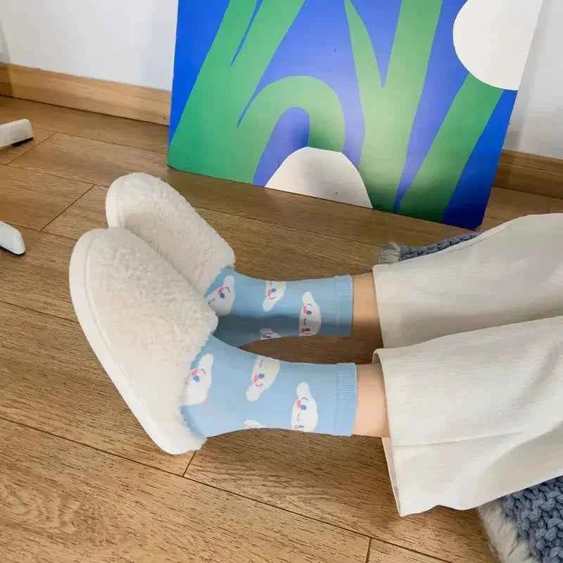 1pair Miniso Cinnamoroll Cartoon socks girl's blue combed cotton mid-tube stockings cute sanrio puppy stockings