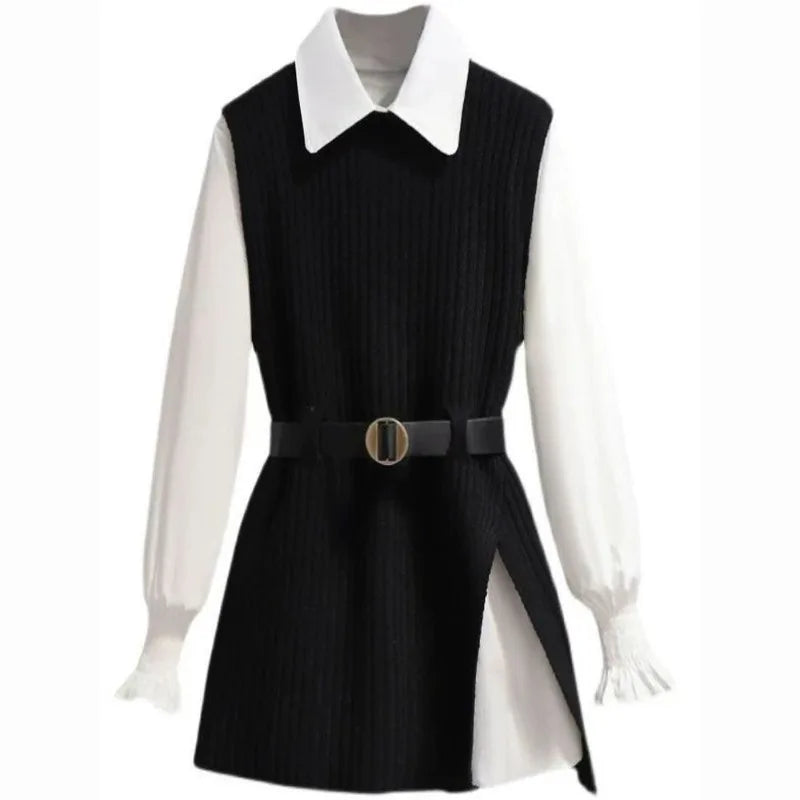 Brown preppy knit vest with white shirt and pleated skirt, product photo 10