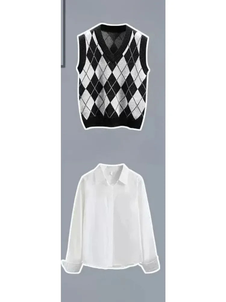 Pants Sets Contrast Plaid V Neck Knitted Vest White Shirt - Vusy Kawaii Shop