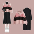 Damen Winter Patchwork Pullover Koreanischer V-Ausschnitt Rosa Locker Gestrickt