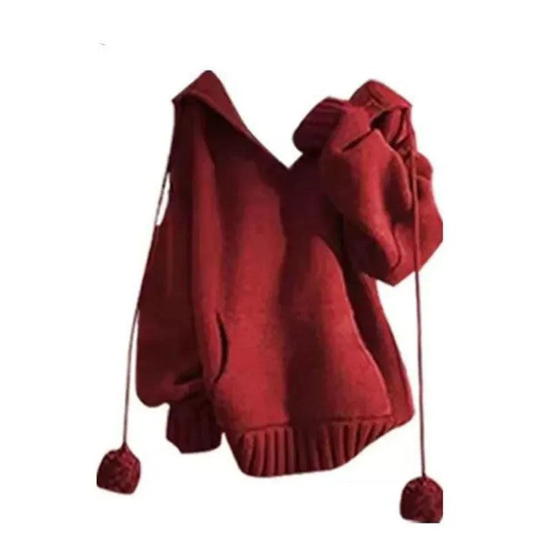 Red Hooded Sweater Shirt and Jeans Set, red hooded knit sweater with drawstring pom poms