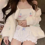 Sanrioed Kuromi My Melody Cinnamoroll Sexy Womenpajamas Hot Girls Flannel Cartoon Fluffy Suspender Pajamas Shorts Set Girls Gift