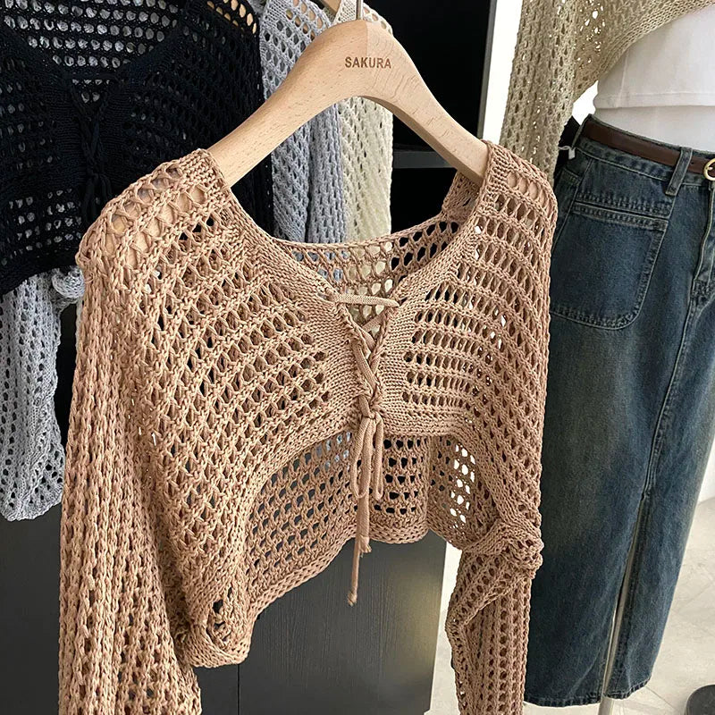 Crochet Crop Cardigan Women Long Sleeve Lace-Up Tie Front - Vusy Kawaii Shop