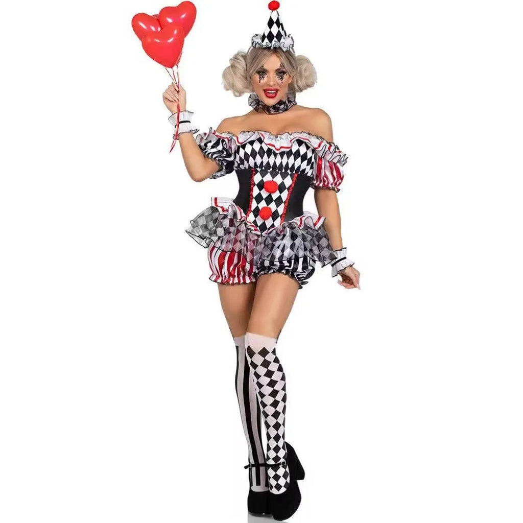 Harlequin clown Halloween costume with checkered romper and cone hat, front view