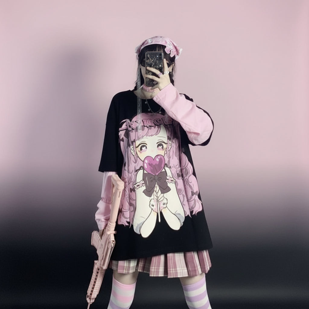 Japanese Cartoon Anime Sweet Cute Girl Print Long Sleeve - Vusy Kawaii Shop
