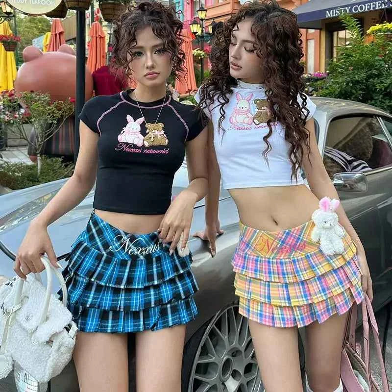 American Colored Plaid Skirt Sexy Low-Waist A-Line Cake