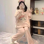 Kawaii Hello Kittys Flannel Autumn Winter Thickened Warm Pajamas Women Casual Loose Round Neck Home Clothes Suit Cartoon Cute