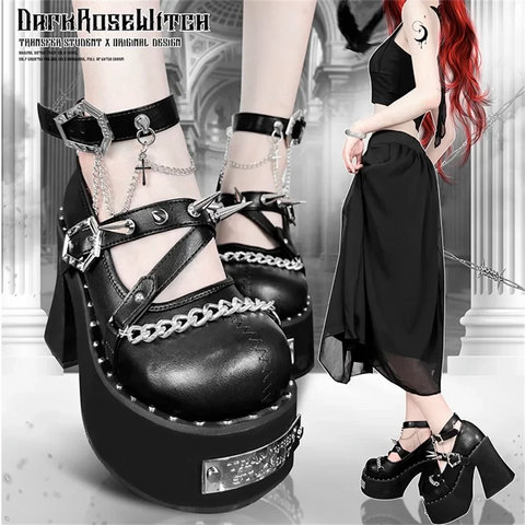 Original Summer Punk Style Round Toe Thick Sole Cake Shoes Y2K Riveted High Heels Women's Lolita Witch Shoes