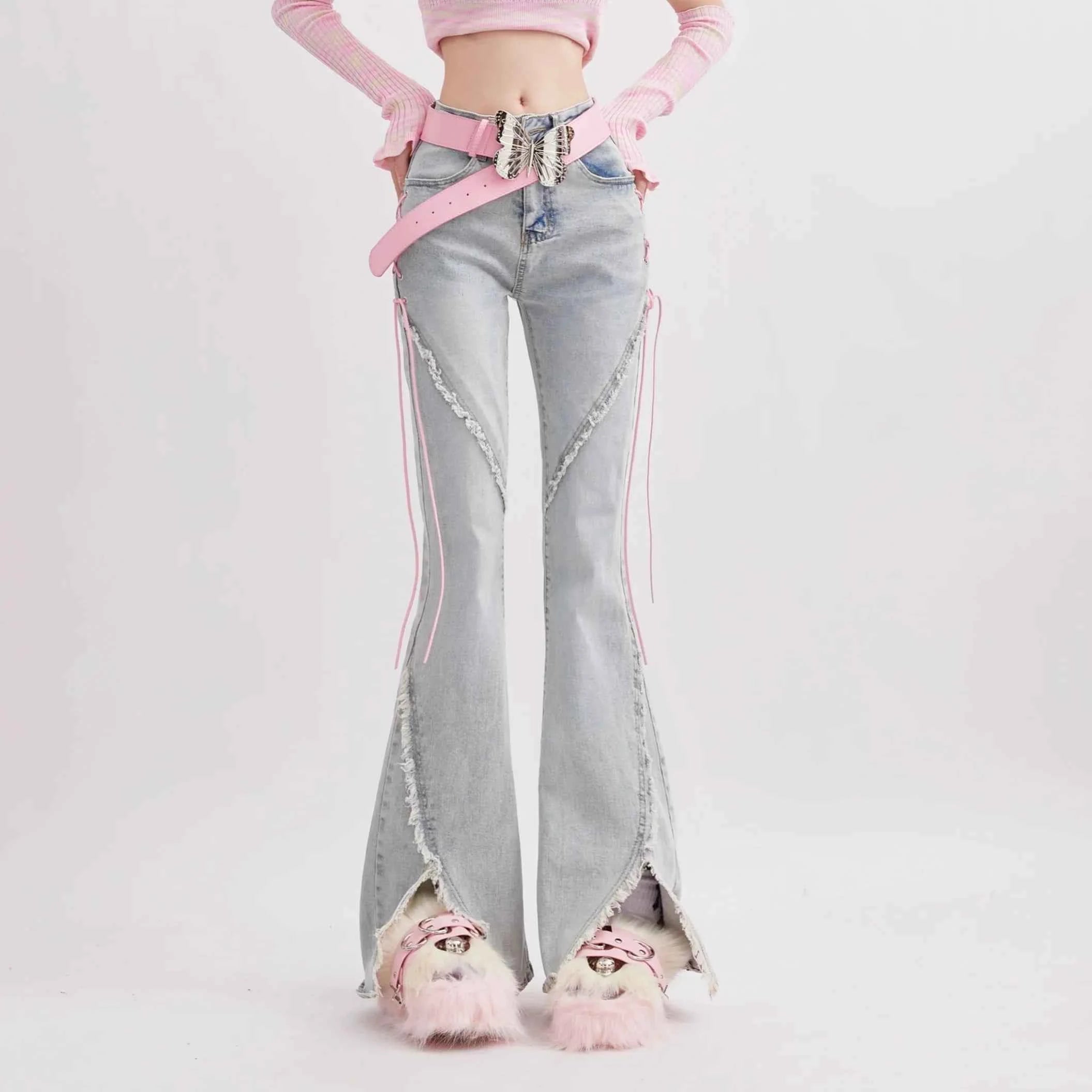 Harajuku Streetwear Retro Fashion Women High Waist Jeans Horn Fork Design Wide Leg Straight Loose Denim Trousers Y2K Baggy Pants