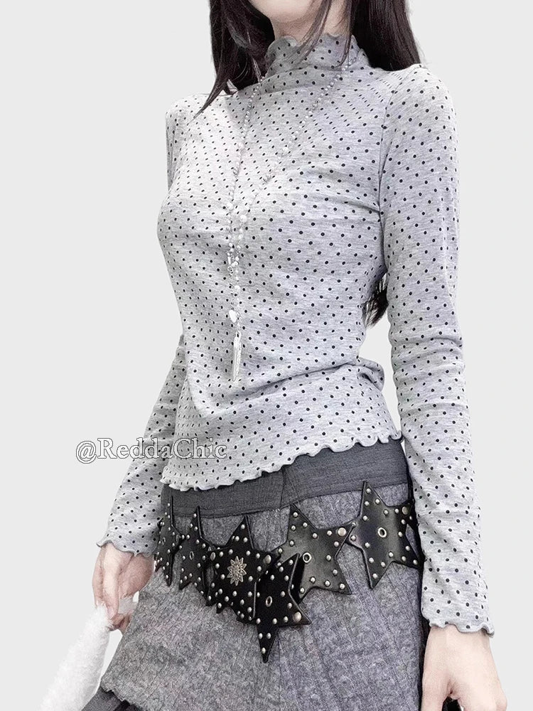 Gray Y2K furry knit shortalls set with polka dot turtleneck, product photo 6