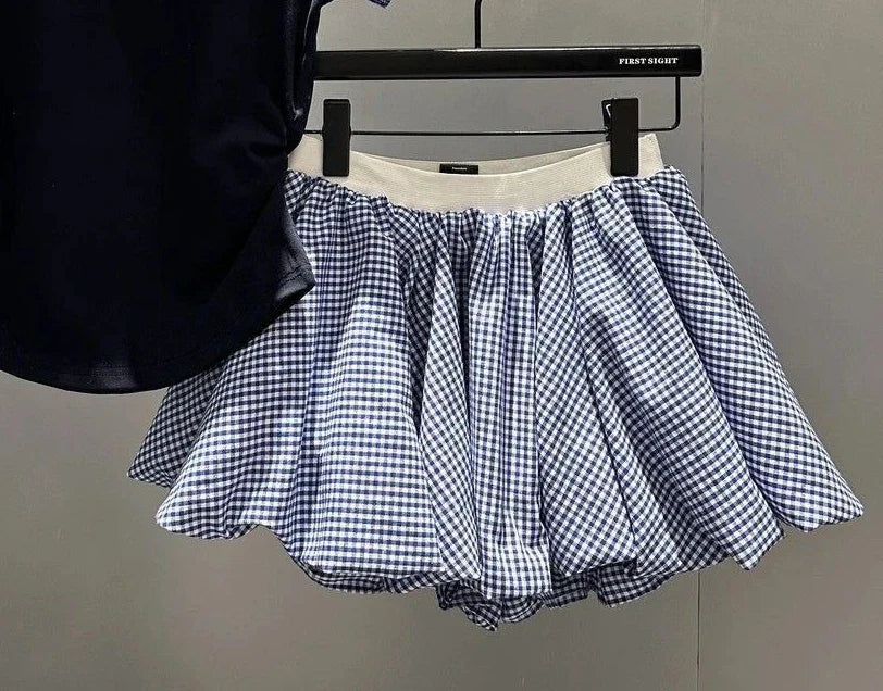 Summer Constrast Color Plaid Turn Down Collar Slim Waist T - Vusy Kawaii Shop