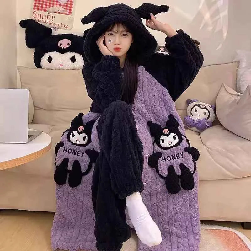Anime Sanrioed Kuromi Pajamas Pants Set Women Kawaii Melody Coral Fleece Robe Winter Thickened Warm Female Flannel Home Clothes