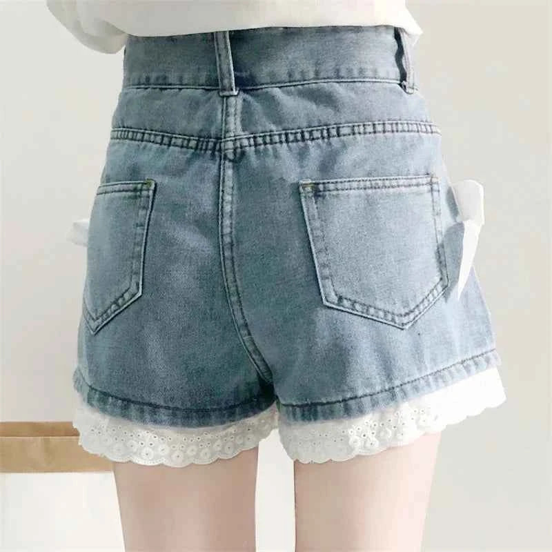 Summer Lolita Denim Shorts Teen Girls Kawaii Bow Lace Hem Women Wide Leg Jeans 2025 Korean Fashion High Waist Casual Short Pants