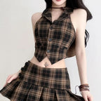 Chic Fashion Women 2 Sets Vintage Sexy Off Shoulder Plaid - Vusy Kawaii Shop