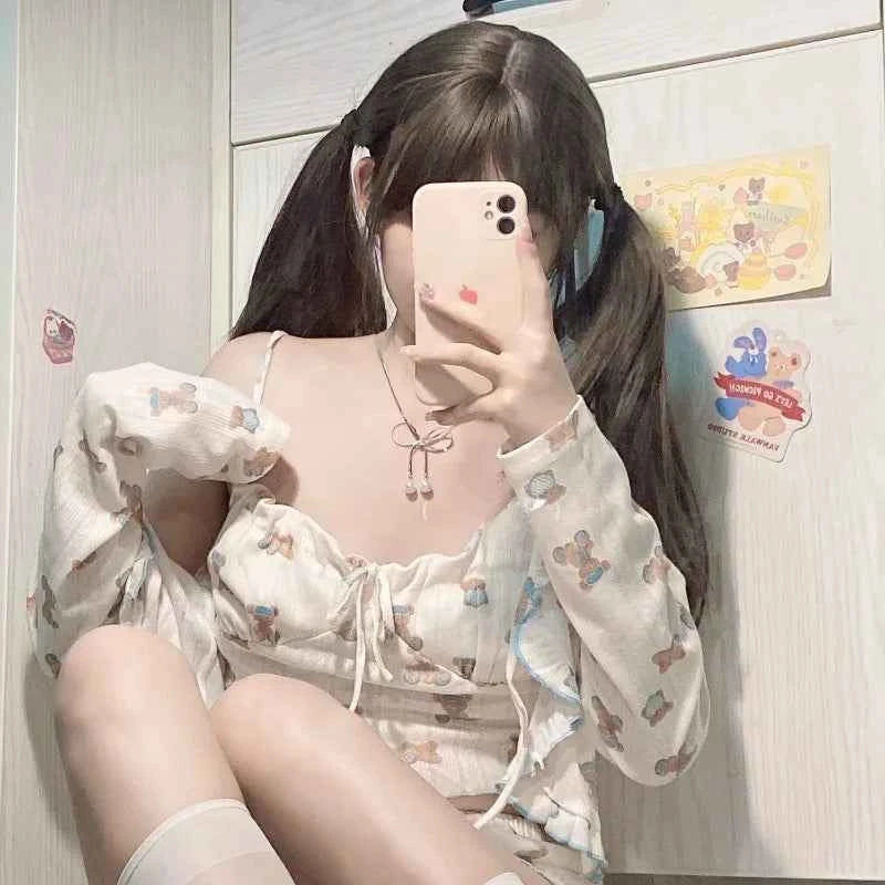 Summer Sweet Cartoon Bear Print Lolita Pajamas 3 Piece Sets Women Loose Shorts Sexy Sling Vest Suit Girls Home Clothes Pyjamas