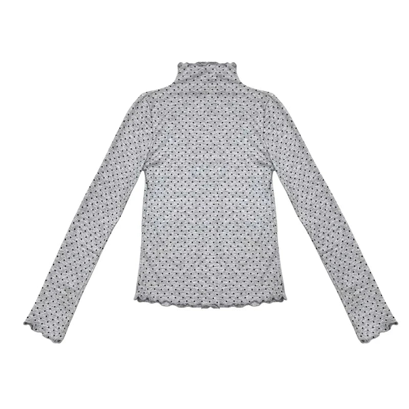 Gray Y2K furry knit shortalls set with polka dot turtleneck, product photo 7