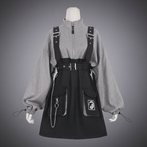 Halloween gothic 2-piece set sweatshirt front view grey oversized