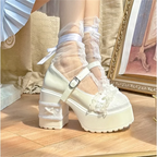 PINKYO Original White/Black Lace Bow High Heels for Women 2023 Matsutake Thick Sole Mary Jean Lolita Single Shoes