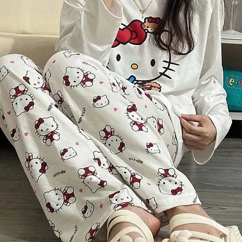Kawaii Sanrios Hello Kitty Women's Pajamas Set Anime Cartoon Students Autumn Winter Polyester Long Sleeved Girls Nightwear Gift