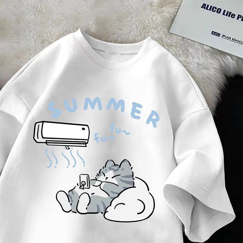 Summer Japanese Cartoon Cute Cat Fun Print Short Sleeve - Vusy Kawaii Shop