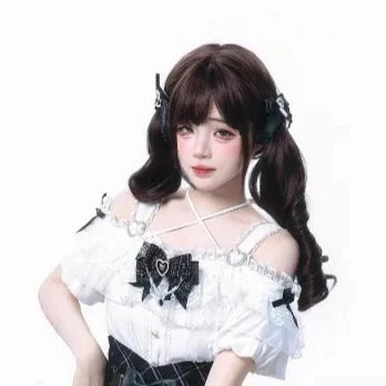 Women's Jirai Kei White Bow Blouse & Black Plaid Skirt Set
