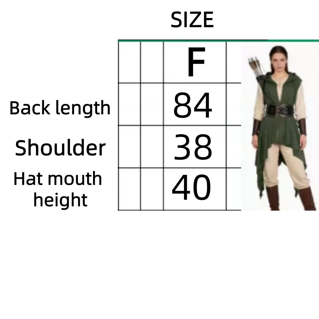 Size chart for medieval elf ranger hooded tunic with back length, shoulder and hood measurements