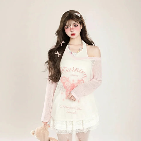 JK Streetwear Halter 2 Piece Set T-Shirt Korean Fashion - Vusy Kawaii Shop