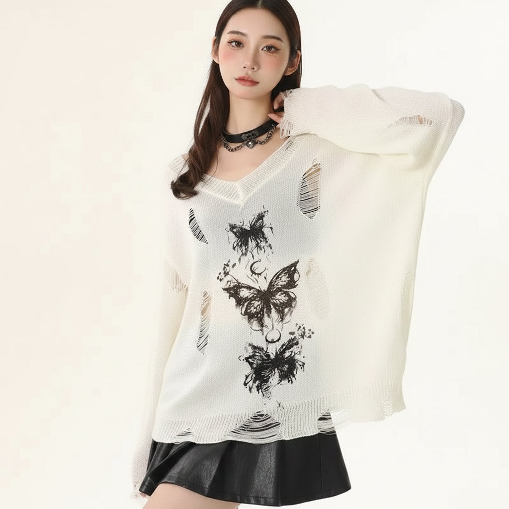 Girl Butterfly Hollow Long Sleeve Knitwear Pullover Women - Vusy Kawaii Shop