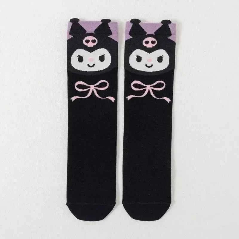 4 Pairs Cartoon Sanrio Kuromi Socks Kawaii Children's Calf Socks Cotton Girls Bow Spring and Summer Stockings Children's Gifts