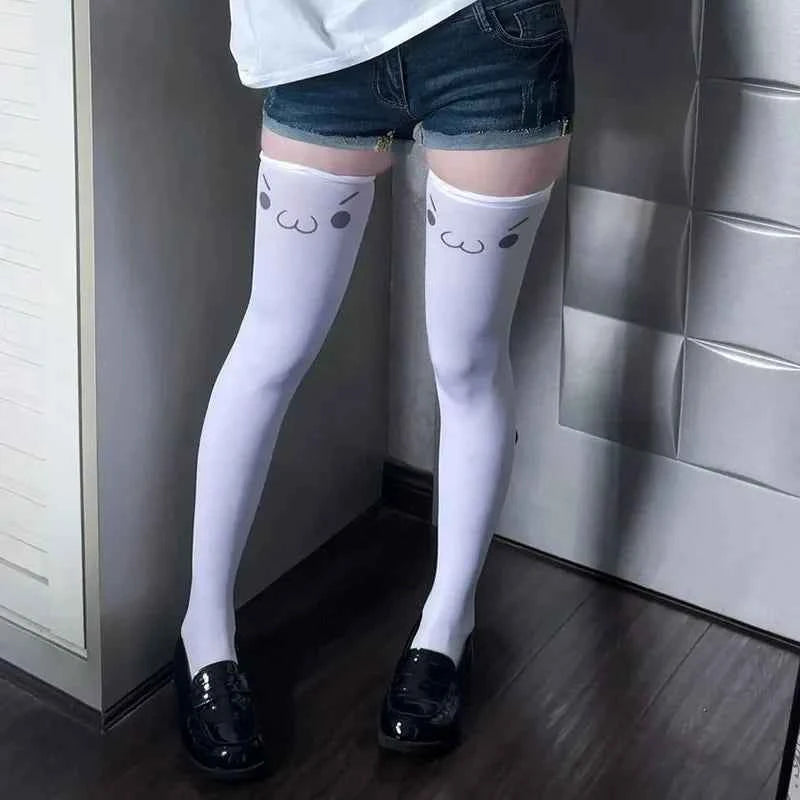 Japanese Kawaii Expression Thigh Socks White Print Long Socks JK Harajuku Over Knee Thigh High Stockings Y2K Cosplay Socks
