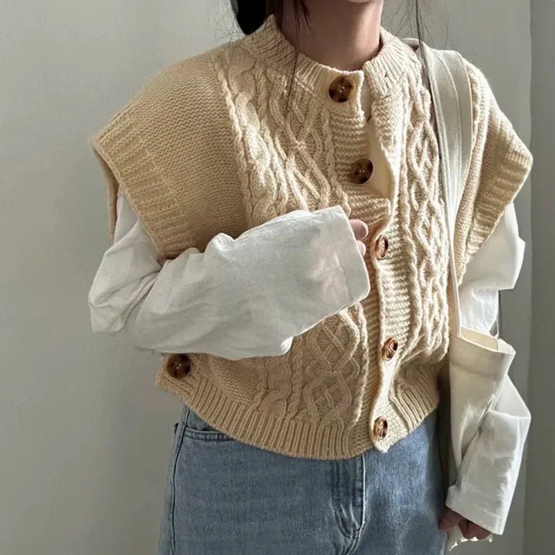 Cable Knit Sweater Vest Cozy Button-Up Sleeveless Crop Top - Vusy Kawaii Shop