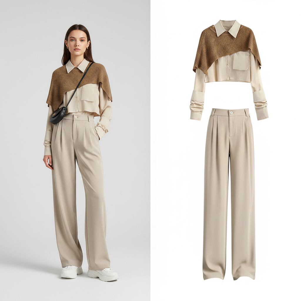 Fashion Set Korean Elegant Retro Smock, Shirt and Wide-Leg - Vusy Kawaii Shop