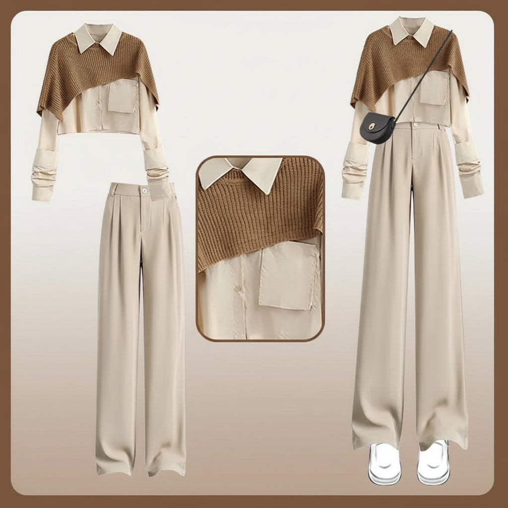 Fashion Set Korean Elegant Retro Smock, Shirt and Wide-Leg - Vusy Kawaii Shop