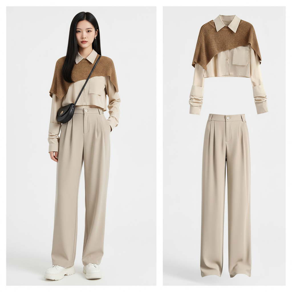 Fashion Set Korean Elegant Retro Smock, Shirt and Wide-Leg - Vusy Kawaii Shop