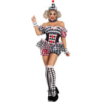 Harlequin clown Halloween costume styled with red heart balloons, full outfit