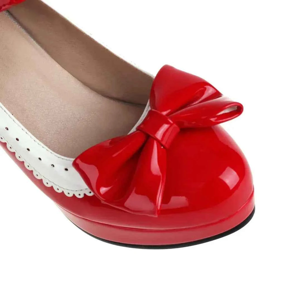 Pink Red Patent Leather Women Platform Mary Janes High Chunky Heels Pumps Lady Party Dress Summer Bowknot Round Toe Lolita Shoes
